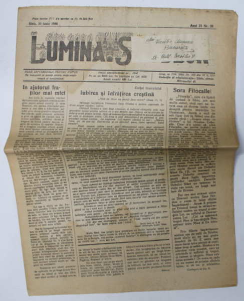 LUMINA SATELOR - FOAIE SAPTAMANALA PENTRU POPOR - CU INDRUMARI SI POVETE PENTRU VIATA CRESTINEASCA SI ROMANEASCA , ANUL 25 , NR.  26 , 30 IUNIE  , 1946