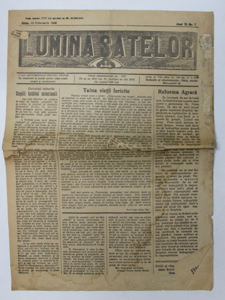 LUMINA SATELOR - FOAIE SAPTAMANALA PENTRU POPOR - CU INDRUMARI SI POVETE PENTRU VIATA CRESTINEASCA SI ROMANEASCA , ANUL 25 , NR.  7 , 10 FEBRUARIE  , 1946