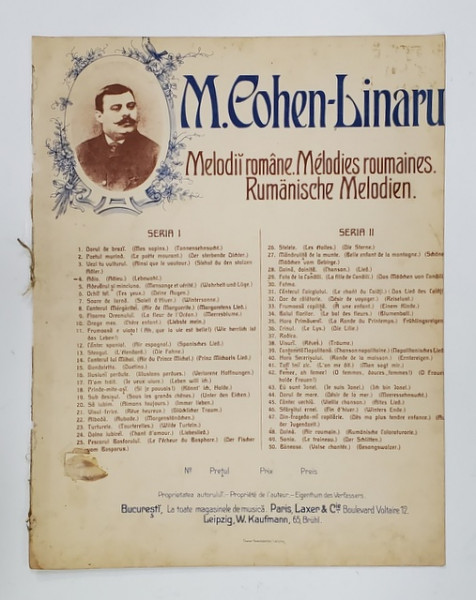 M. COHEN - LINARU , MELODII ROMANE , CONTINE : ADIO ! , cuvinte de V. ALECSANDRI , SFARSITUL SEC. XIX , PARTITURA