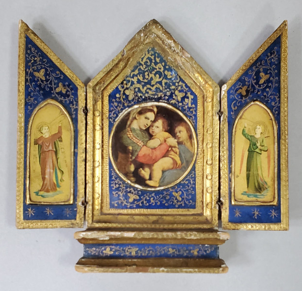 Madona cu Pruncul, Triptic Italian decorat in stil Florentin, cca. 1900