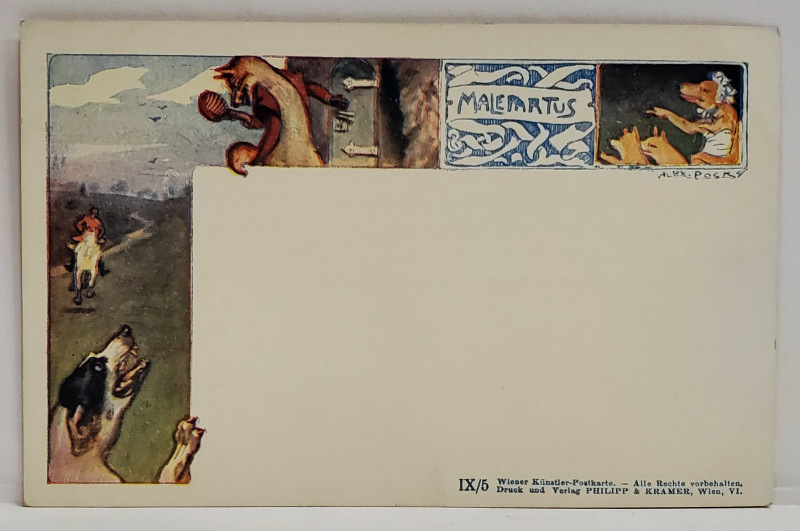 MALEPARTUS , VULPE INCOLTITA DE OGAR , CARTE POSTALA CU MOTIVE ART - NOUVEAU , CROMOLITOGRAFIE , CLASICA