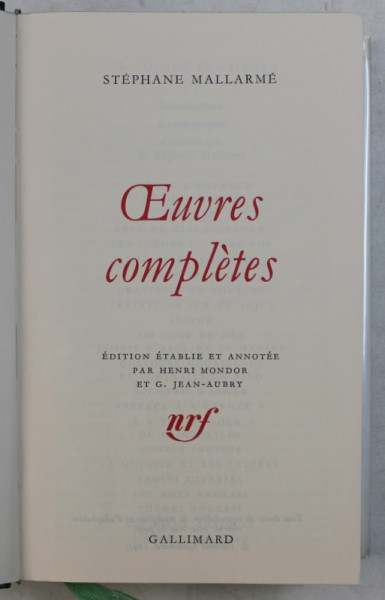 MALLARME - OEUVRES COMPLETES , BIBLIOTHEQUE DE LA PLEIADE MALLARME - OEUVRES COMPLETES , BIBLIOTHEQUE DE LA PLEIADE