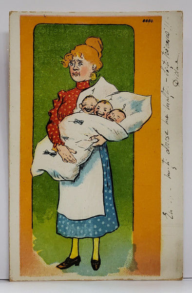 MAMA CU TRIPLETI , DESEN , CARTE POSTALA ILUSTRATA , CROMOLITOGRAFIE , INTERBELICA