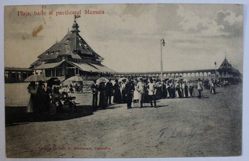 MAMAIA  - PLAJA , BAILE SI PAVILIONUL , CARTE POSTALA ILUSTRATA , MONOCROMA , CIRCULATA , 1907