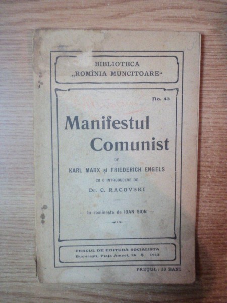 MANIFESTUL COMUNIST de KARL MARX si FRIEDERICH ENGELS ,  BUCURESTI 1913