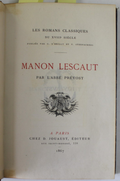 MANON LESCAUT par L 'ABBE PREVOST , 1867 , EXEMPLAR 182 DIN 342