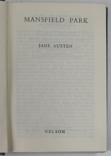 MANSFIELD PARK by JANE AUSTEN , EDITIE DE INCEPUT DE SECOL