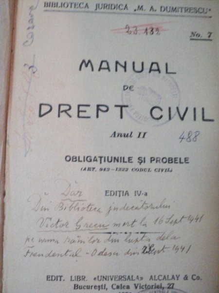 MANUAL DE DRPT CIVIL, ANUL II, OBLIGATIUNILE SI PROBELE, EDITIA A IV A, BUC. 1928
