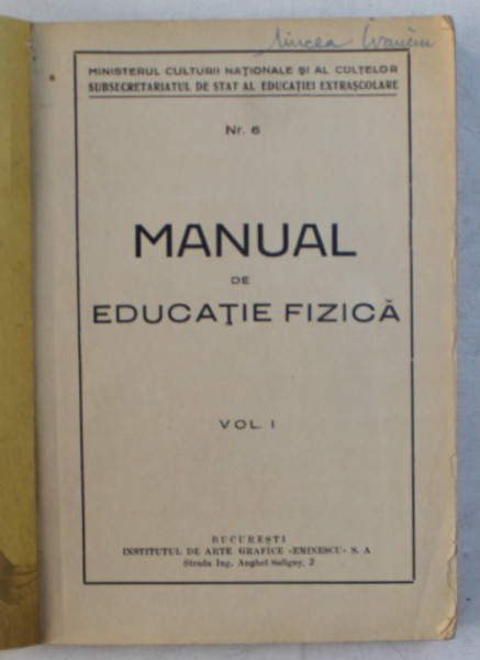 MANUAL DE EDUCATIE FIZICA , VOLUMUL I , PERIOADA INTERBELICA