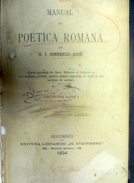 MANUAL DE POETICA ROMANA   - G.I. IONNESCU GION  1894 BUCURESTI 