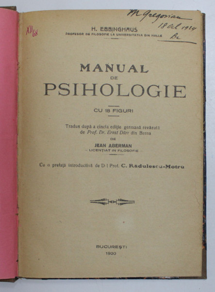 MANUAL DE PSIHOLOGIE CU 18 FIGURI de H. EBBINGHAUS , 1920
