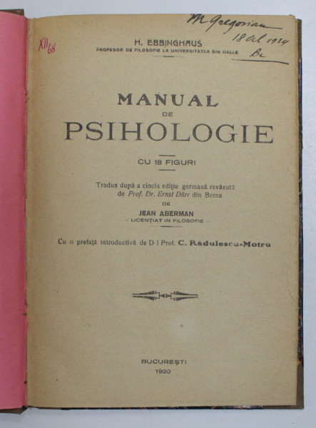 MANUAL DE PSIHOLOGIE CU 18 FIGURI de H. EBBINGHAUS , 1920