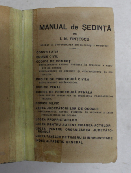 MANUAL DE SEDINTA de I.N. FINTESCU, EDITIE DE ANII '30