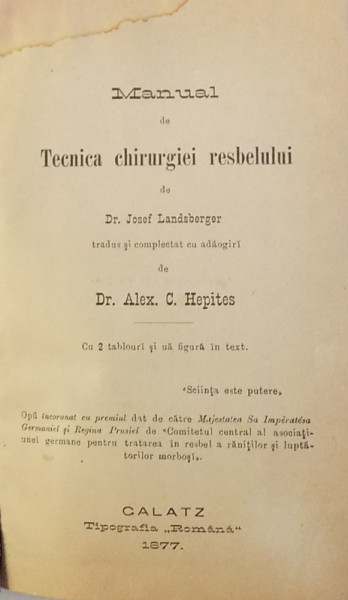 MANUAL DE TECNICA CHIRURGIEI RESBELULUI de JOSEF LANDSBERGER , tradus de dr. ALEX C. HEPITES , 1877