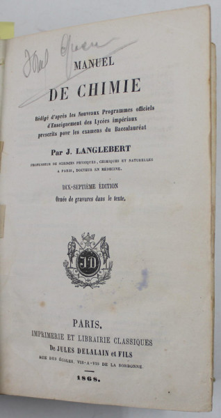 MANUEL DE CHIMIE   / MANUEL D 'HISTOIRE NATURELL  par J. LANGLEBERT, COLIGAT DE DOUA CARTI  1868-1869