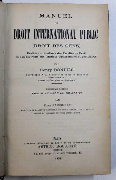 MANUEL DE DROIT INTERNATIONAL PUBLIC ( DROIT DES GENS ) par HENRY BONFILS , 1898