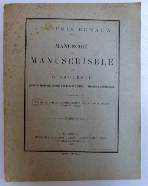 MANUNCHI DIN MANUSCRISELE LUI G. SAULESCU , 1883