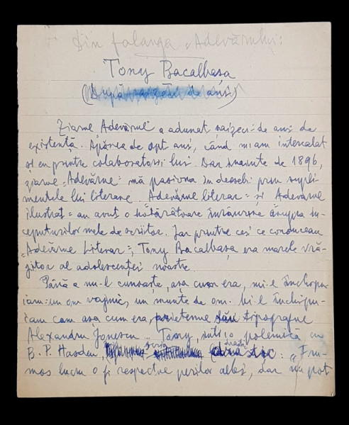 MANUSCRIS SCRIS SI SEMNAT OLOGRAF de GALA GALACTION , - DIN FALANGA ADEVARULUI  - TONY BACALBASA  - ARTICOL PENTRU ZIAR , SCRIS  IN 1941