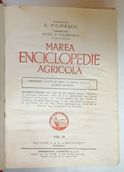 MAREA ENCICLOPEDIE AGRICOLA de VICTOR DE MAYO si VINCIUS FILIPESCU , VOLUMUL IV : LITERELE MI -  PORO , 1942, LIPSA PAGINILE 705 - 798 , PREZINTA HALOURI DE APA