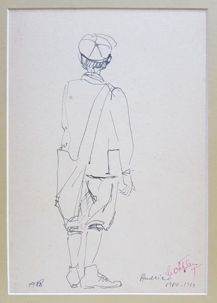 MARICA OTETELESANU , STUDIU DE COSTUM AMERICA 1910 , DESEN IN PENITA , SEMNAT DREAPTA JOS  SI DATAT 1978