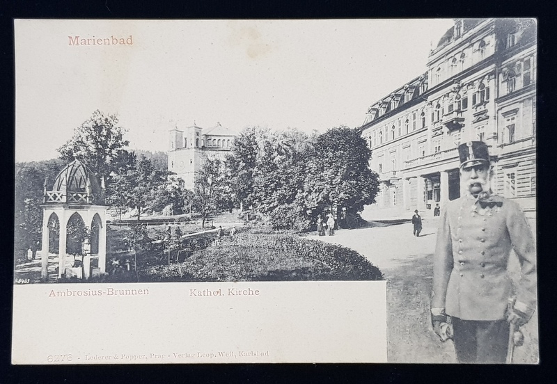 MARIENBAD  - IZVORUL AMBROSIUS SI BISERICA CATOLICA , CARTE POSTALA ILUSTRATA , MONOCROMA, NECIRCULATA , CLASICA