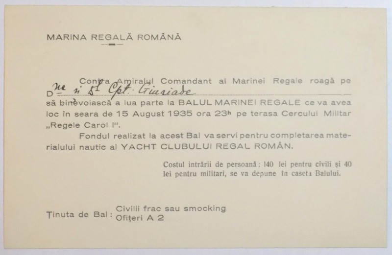 MARINA REGALA ROMANA, INVITATIE  1935