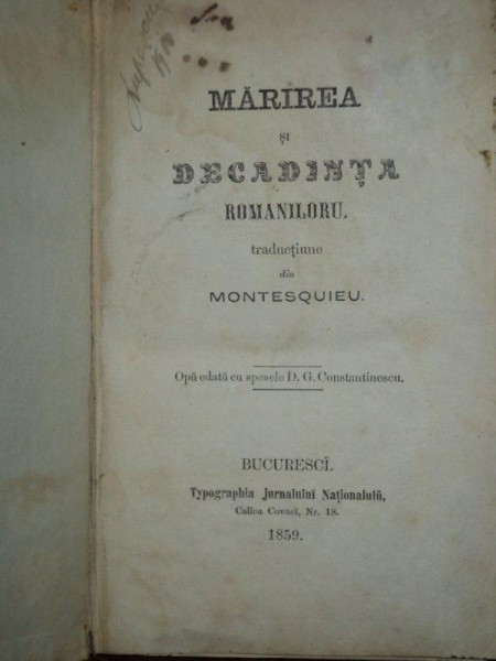 Marirea si decadenta romanilor, Bucuresti, 1859