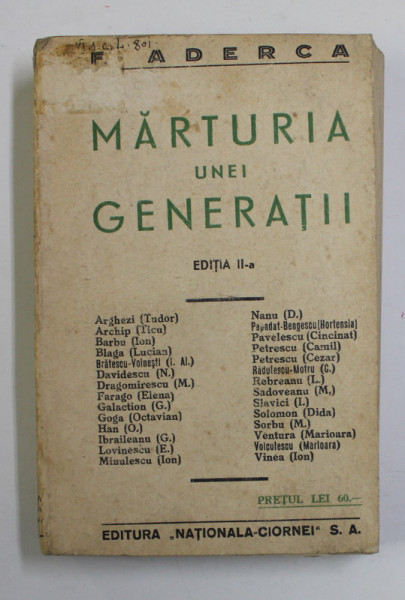 MARTURIA UNEI GENERATII de F. ADERCA , masti de MARCEL IANCU, 1929 SEMNATA DE AUTOR