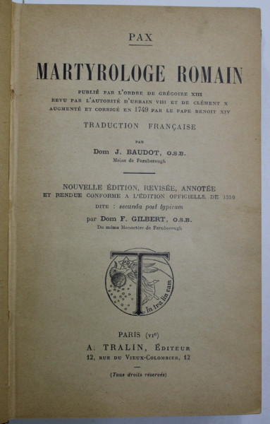 MARTYROLOGE ROMAIN , traduction francaise  par DOM J. BAUDOT , 1931