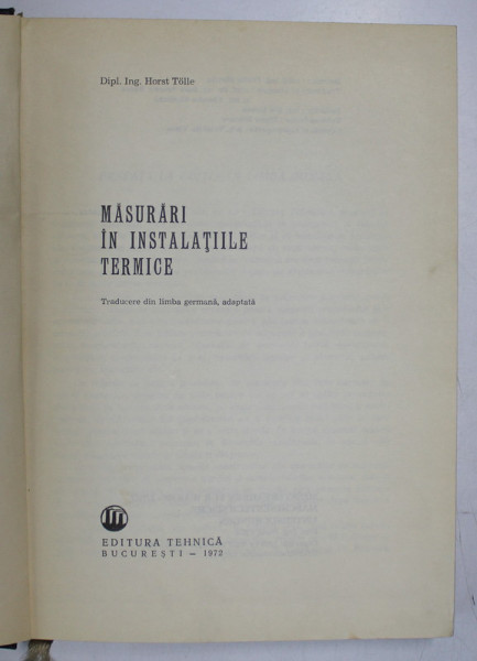 MASURARI IN INSTALATIILE TERMICE de H. TOLLE, 1972