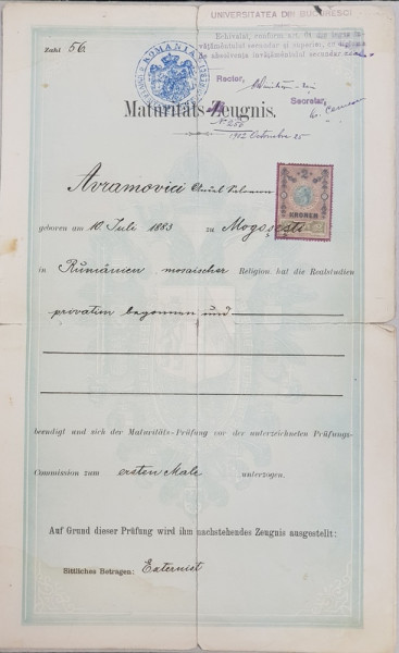 MATURITATS ZEUGNIS  - CERTIFICAT DE MATURITATE , EMIS LA CERNAUTI , DATAT1901, STARE AVANSATA DE UZURA *