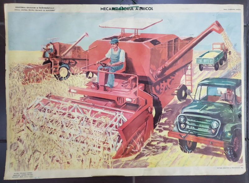 MECANIZATORUL AGRICOL , grafica de GEORGE MALUSEL , PLANSA DIDACTICA NR. 33 , 1982