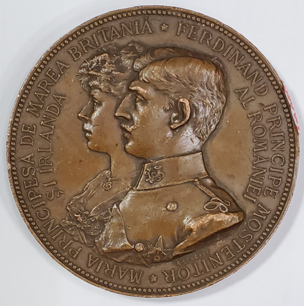 MEDALIE DIN BRONZ '' MARIA PRINCIPESA DE MAREA BRITANIE SI FINLANDA si FERDINAND PRINCIPE MOSTENITOR AL ROMANIEI '' de A. SCHARFF