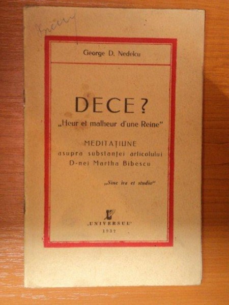 MEDITATIUNE ASUPRA SUBSTANTEI ARTICOLULUI D-NEI MARTHA BIBESCU de GEORGE D. NEDELCU , 1937