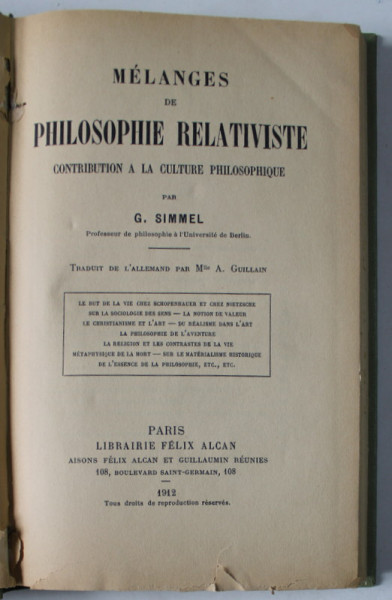 MELANGES DE PHILOSOPHIE RELATIVISTE par G. SIMMEL , 1912