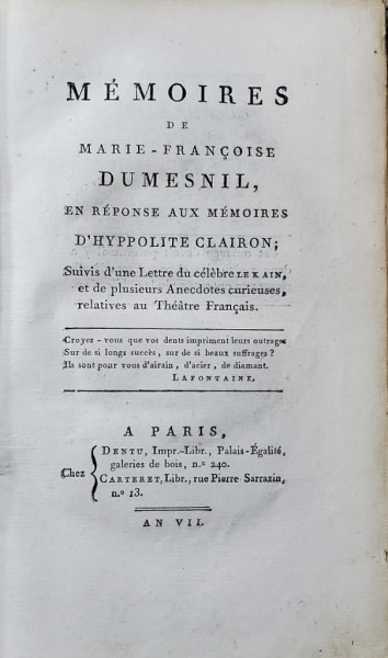 MEMOIRES DE MARIE - FRANCOISE DUMESNIL....ET DE ANECDOTES RELATIVES AU THEATRE FRANCAIS ,  1796