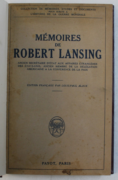 MEMOIRES DE ROBERT LANSING , 1925