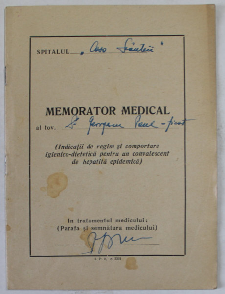 MEMORATOR MEDICAL , SPITALUL '' CASA SCANTEII '' , INDIACTII DE REGIM ...PENTRU UN CONVALESCENT DE HEPATITA EPIDEMICA ) , 1955