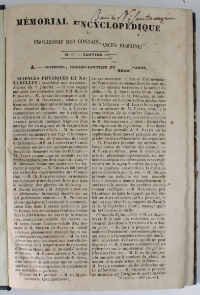 MEMORIAL ENCYCLOPEDIQUE ET PROGRESSIF DES CONNAISANCES HUMAINES , No. 97 , JANVIER , 1839
