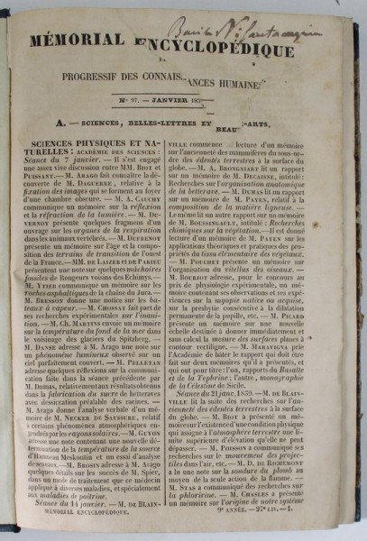 MEMORIAL ENCYCLOPEDIQUE ET PROGRESSIF DES CONNAISSANCES HUMAINES , No. 97 , JANVIER , 1839