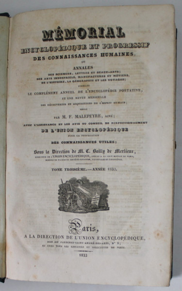 MEMORIAL ENCYCLOPEDIQUE ET PROGRESSIF DES CONNAISANCES HUMAINES, redige par M.F. MALEPEYRE ,  TOME TROISIEME  , 1833