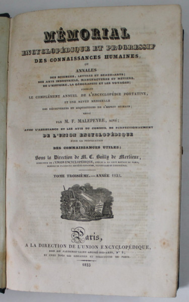 MEMORIAL ENCYCLOPEDIQUE ET PROGRESSIF DES CONNAISSANCES HUMAINES, redige par M.F. MALEPEYRE ,  TOME TROISIEME  , 1833