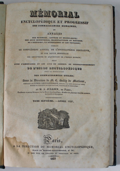 MEMORIAL ENCYCLOPEDIQUE ET PROGRESSIF DES CONNAISSANCES HUMAINES, sous la direction de M.C. BAILLY de MERLIEUX , TOME SEPTIEME , 1837