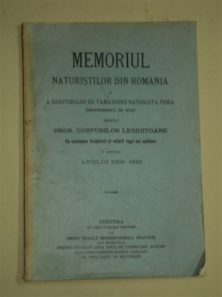 MEMORIUL NATURALISTILOR DIN ROMANIA, BUCURESTI 1910