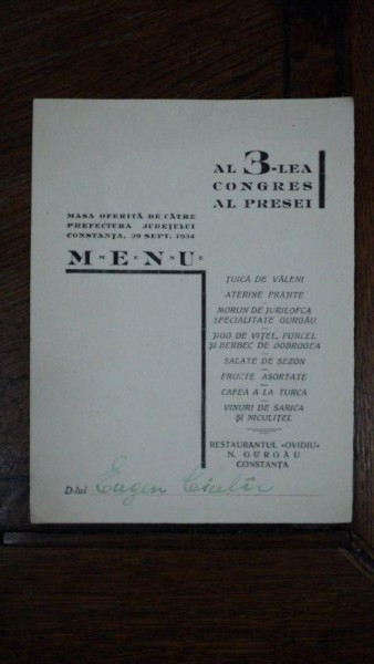 Meniu, al 3-lea Congres al Presei, Masa oferita de catre prefectura judetului Constanta, 29 Septembrie 1934