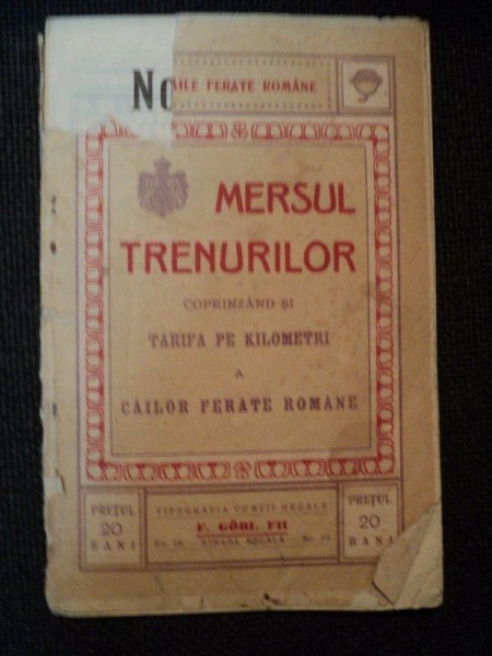 MERSUL TRENURILOR CUPRINZAND SI TARIFA PE KILOMETRI A CASILOR FERATE ROMANE,VALABIL DE LA 1 APRILIE 1916 BUC. 1916