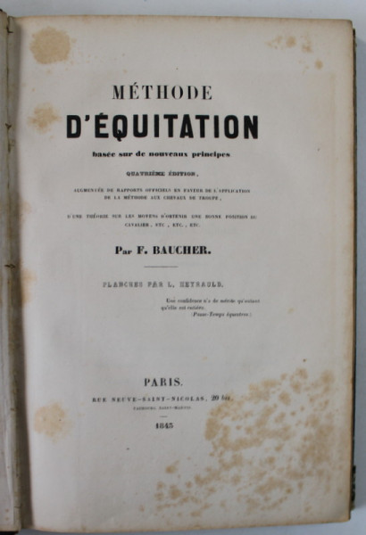 METHODE D 'EQUITATION BASEE SUR DE NOUVEAUX PRINCIPES par F. BAUCHER , PLANCHE par L. HEYRAULD , 1845