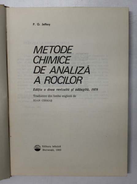 METODE CHIMICE DE ANALIZA A ROCILOR de P.G. JEFFERY , 1983
