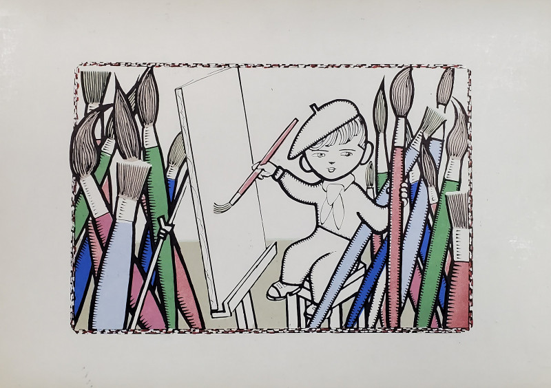 MICUL PICTOR INCONJURAT DE PENSULE , PLANSA DIDACTICA , SERIA '' ANIMALELE DOMESTICE SI FOLOASELE LOR '' , ANII '80
