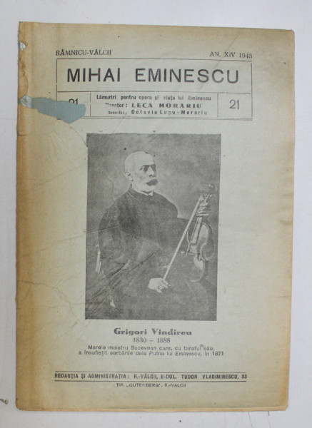 MIHAI EMINESCU , PUBLICATIE APARUTA LA RAMNICU - VALCEA , AN XIV , 1943